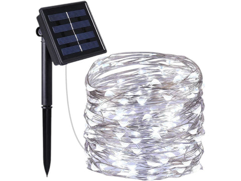 100 Solar Powered Cool White LED String Lights - 10m Copper Wire